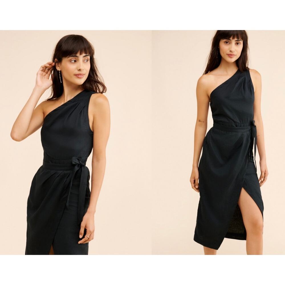 Anthropologie one shoulder linen wrap preppy dress size 16 black